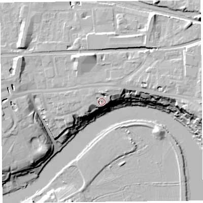 Shaded relief map of the ground around CH35BA, computed from Environment Agency LiDAR. The ground here sits at about 21 m above sea level and falls 22 m across the surrounding 800 m. Surface water reaching this point runs off ground lying to the north-north-east, 4.9 m higher.