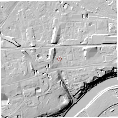 Shaded relief map of the ground around CH35BB, computed from Environment Agency LiDAR. The ground here sits at about 20 m above sea level and falls 20 m across the surrounding 800 m. Surface water reaching this point runs off ground lying to the north-north-west, 4.4 m higher.