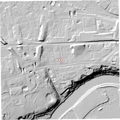 Shaded relief map of the ground around CH35BD, computed from Environment Agency LiDAR. The ground here sits at about 20 m above sea level and falls 20 m across the surrounding 800 m. Surface water reaching this point runs off ground lying to the north-east, 4.8 m higher.