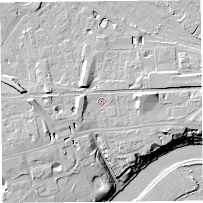 Shaded relief map of the ground around CH35BE, computed from Environment Agency LiDAR. The ground here sits at about 20 m above sea level and falls 20 m across the surrounding 800 m. Surface water reaching this point runs off ground lying to the east, 1.2 m higher.