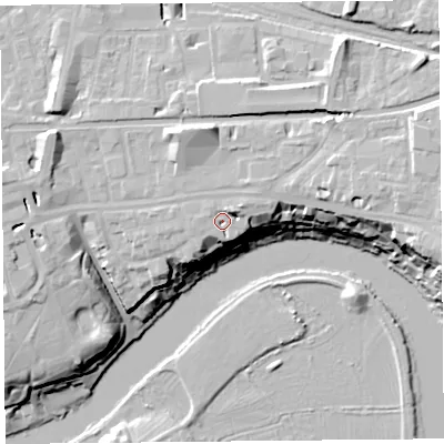 Shaded relief map of the ground around CH35BJ, computed from Environment Agency LiDAR. The ground here sits at about 21 m above sea level and falls 21 m across the surrounding 800 m. Surface water reaching this point runs off ground lying to the north-east, 4.3 m higher.