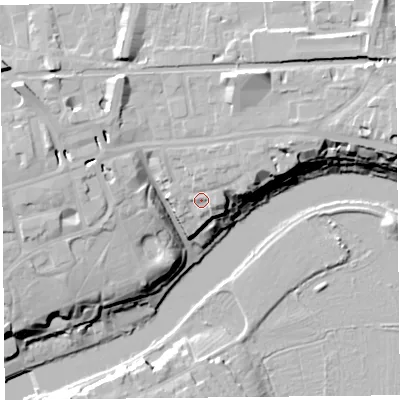 Shaded relief map of the ground around CH35BQ, computed from Environment Agency LiDAR. The ground here sits at about 18 m above sea level and falls 22 m across the surrounding 800 m. Surface water reaching this point runs off ground lying to the north-east, 4.8 m higher.