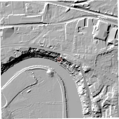 Shaded relief map of the ground around CH35BR, computed from Environment Agency LiDAR. The ground here sits at about 14 m above sea level and falls 26 m across the surrounding 800 m. Surface water reaching this point runs off ground lying to the east-north-east, 19.5 m higher.