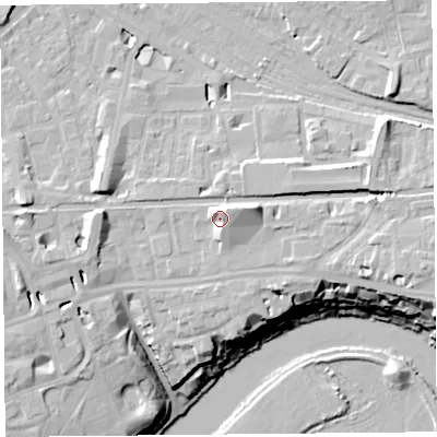 Shaded relief map of the ground around CH35BS, computed from Environment Agency LiDAR. The ground here sits at about 24 m above sea level and falls 21 m across the surrounding 800 m. Surface water reaching this point runs off ground lying to the north-north-east, 4.1 m higher.