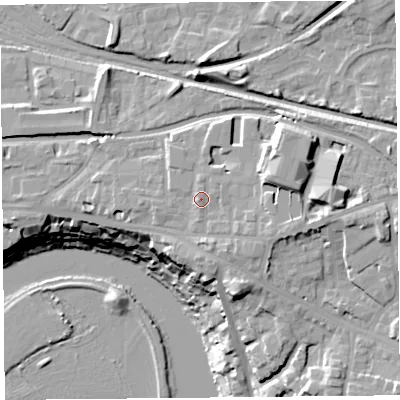 Shaded relief map of the ground around CH35DL, computed from Environment Agency LiDAR. The ground here sits at about 26 m above sea level and falls 26 m across the surrounding 800 m. Surface water reaching this point runs off ground lying to the east-north-east, 0.9 m higher.