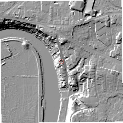 Shaded relief map of the ground around CH35UL, computed from Environment Agency LiDAR. The ground here sits at about 16 m above sea level and falls 26 m across the surrounding 800 m. Surface water reaching this point runs off ground lying to the north, 13.1 m higher.