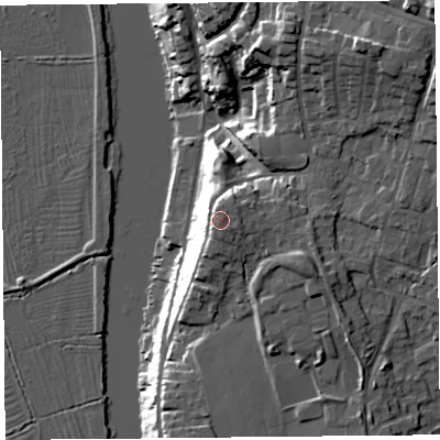 Shaded relief map of the ground around CH35UU, computed from Environment Agency LiDAR. The ground here sits at about 22 m above sea level and falls 25 m across the surrounding 800 m. Surface water reaching this point runs off ground lying to the south-east, 0.5 m higher.