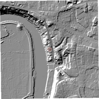 Shaded relief map of the ground around CH35UW, computed from Environment Agency LiDAR. The ground here sits at about 13 m above sea level and falls 25 m across the surrounding 800 m. Surface water reaching this point runs off ground lying to the north, 15.7 m higher.
