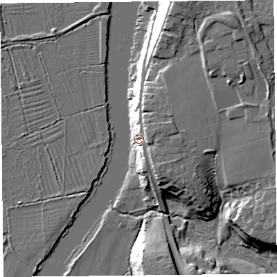 Shaded relief map of the ground around CH35UX, computed from Environment Agency LiDAR. The ground here sits at about 13 m above sea level and falls 18 m across the surrounding 800 m. Surface water reaching this point runs off ground lying to the east-north-east, 13.5 m higher.
