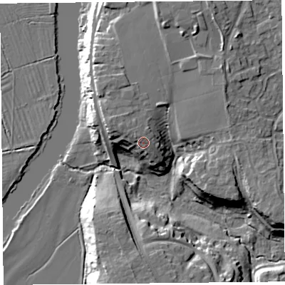 Shaded relief map of the ground around CH35XA, computed from Environment Agency LiDAR. The ground here sits at about 18 m above sea level and falls 16 m across the surrounding 800 m. Surface water reaching this point runs off ground lying to the north-west, 1.4 m higher.