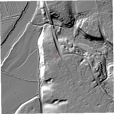 Shaded relief map of the ground around CH36BW, computed from Environment Agency LiDAR. The ground here sits at about 18 m above sea level and falls 16 m across the surrounding 800 m. Surface water reaching this point runs off ground lying to the south, 2.0 m higher.