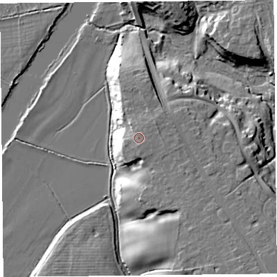 Shaded relief map of the ground around CH36BZ, computed from Environment Agency LiDAR. The ground here sits at about 18 m above sea level and falls 16 m across the surrounding 800 m. Surface water reaching this point runs off ground lying to the east-south-east, 1.3 m higher.