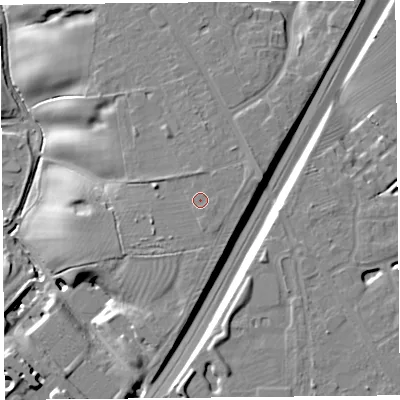 Shaded relief map of the ground around CH36DQ, computed from Environment Agency LiDAR. The ground here sits at about 21 m above sea level and falls 18 m across the surrounding 800 m. Surface water reaching this point runs off ground lying to the south-east, 0.8 m higher.