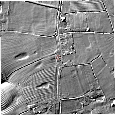 Shaded relief map of the ground around CH36EA, computed from Environment Agency LiDAR. The ground here sits at about 23 m above sea level and falls 15 m across the surrounding 800 m. Surface water reaching this point runs off ground lying to the south, 1.0 m higher.