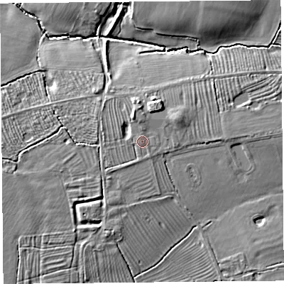 Shaded relief map of the ground around CH36EW, computed from Environment Agency LiDAR. The ground here sits at about 20 m above sea level and falls 11 m across the surrounding 800 m. Surface water reaching this point runs off ground lying to the north-north-west, 0.6 m higher.