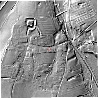 Shaded relief map of the ground around CH36JD, computed from Environment Agency LiDAR. The ground here sits at about 13 m above sea level and falls 13 m across the surrounding 800 m. Surface water reaching this point runs off ground lying to the west-south-west, 3.3 m higher.