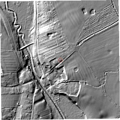 Shaded relief map of the ground around CH36JG, computed from Environment Agency LiDAR. The ground here sits at about 17 m above sea level and falls 13 m across the surrounding 800 m. Surface water reaching this point runs off ground lying to the north-east, 2.6 m higher.