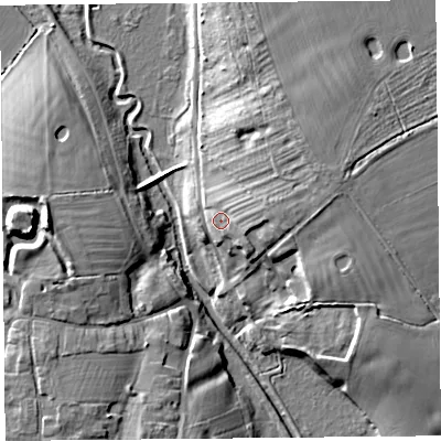 Shaded relief map of the ground around CH36JJ, computed from Environment Agency LiDAR. The ground here sits at about 13 m above sea level and falls 13 m across the surrounding 800 m. Surface water reaching this point runs off ground lying to the east-north-east, 5.5 m higher.