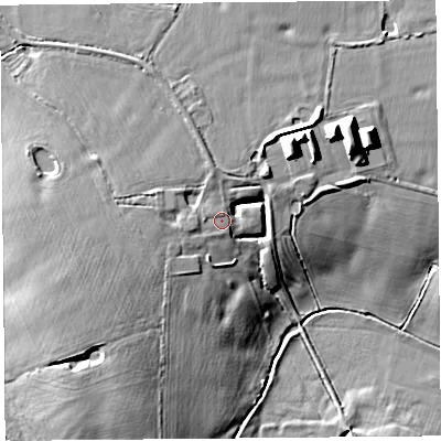 Shaded relief map of the ground around CH36JQ, computed from Environment Agency LiDAR. The ground here sits at about 14 m above sea level and falls 16 m across the surrounding 800 m. Surface water reaching this point runs off ground lying to the west, 0.6 m higher.