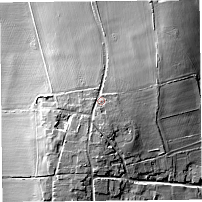 Shaded relief map of the ground around CH36LA, computed from Environment Agency LiDAR. The ground here sits at about 30 m above sea level and falls 17 m across the surrounding 800 m. Surface water reaching this point runs off ground lying to the south, 3.3 m higher.