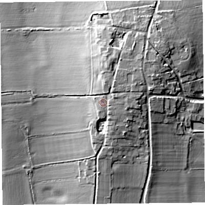 Shaded relief map of the ground around CH36LG, computed from Environment Agency LiDAR. The ground here sits at about 30 m above sea level and falls 16 m across the surrounding 800 m. Surface water reaching this point runs off ground lying to the east-north-east, 2.1 m higher.