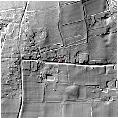 Shaded relief map of the ground around CH36LR, computed from Environment Agency LiDAR. The ground here sits at about 24 m above sea level and falls 24 m across the surrounding 800 m. Surface water reaching this point runs off ground lying to the north-west, 11.1 m higher.