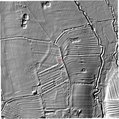 Shaded relief map of the ground around CH36LU, computed from Environment Agency LiDAR. The ground here sits at about 15 m above sea level and falls 8 m across the surrounding 800 m. Surface water reaching this point runs off ground lying to the south-east, 1.2 m higher.
