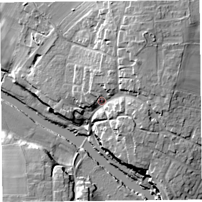 Shaded relief map of the ground around CH36PU, computed from Environment Agency LiDAR. The ground here sits at about 21 m above sea level and falls 27 m across the surrounding 800 m. Surface water reaching this point runs off ground lying to the north-north-east, 13.3 m higher.