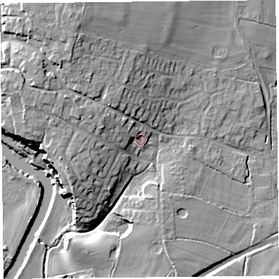 Shaded relief map of the ground around CH36QA, computed from Environment Agency LiDAR. The ground here sits at about 19 m above sea level and falls 25 m across the surrounding 800 m. Surface water reaching this point runs off ground lying to the north-west, 5.8 m higher.