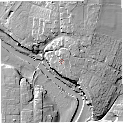 Shaded relief map of the ground around CH36QD, computed from Environment Agency LiDAR. The ground here sits at about 24 m above sea level and falls 26 m across the surrounding 800 m. Surface water reaching this point runs off ground lying to the north-east, 4.6 m higher.