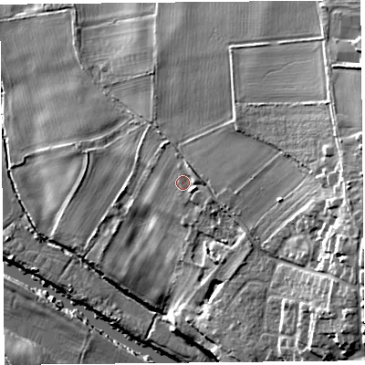 Shaded relief map of the ground around CH36QW, computed from Environment Agency LiDAR. The ground here sits at about 16 m above sea level and falls 24 m across the surrounding 800 m. Surface water reaching this point runs off ground lying to the east, 3.0 m higher.