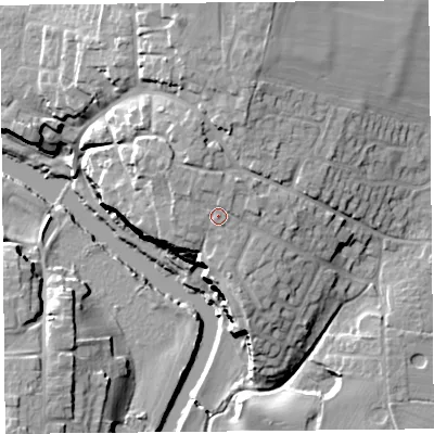 Shaded relief map of the ground around CH36QX, computed from Environment Agency LiDAR. The ground here sits at about 25 m above sea level and falls 25 m across the surrounding 800 m. Surface water reaching this point runs off ground lying to the north-north-west, 2.2 m higher.