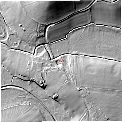 Shaded relief map of the ground around CH37HW, computed from Environment Agency LiDAR. The ground here sits at about 13 m above sea level and falls 24 m across the surrounding 800 m. Surface water reaching this point runs off ground lying to the south, 4.0 m higher.