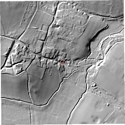 Shaded relief map of the ground around CH37JF, computed from Environment Agency LiDAR. The ground here sits at about 15 m above sea level and falls 24 m across the surrounding 800 m. Surface water reaching this point runs off ground lying to the west, 16.9 m higher.