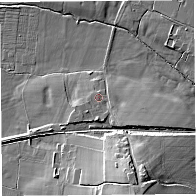 Shaded relief map of the ground around CH37JW, computed from Environment Agency LiDAR. The ground here sits at about 15 m above sea level and falls 27 m across the surrounding 800 m. Surface water reaching this point runs off ground lying to the south, 3.3 m higher.