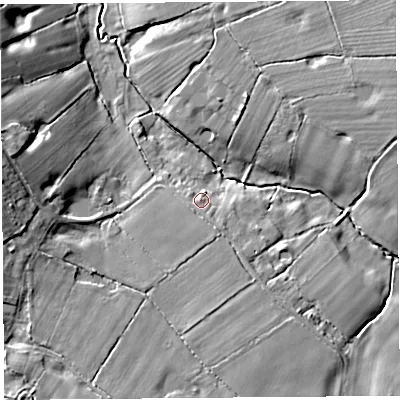 Shaded relief map of the ground around CH37LF, computed from Environment Agency LiDAR. The ground here sits at about 18 m above sea level and falls 11 m across the surrounding 800 m. Surface water reaching this point runs off ground lying to the south-south-east, 2.6 m higher.