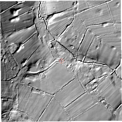 Shaded relief map of the ground around CH37LG, computed from Environment Agency LiDAR. The ground here sits at about 16 m above sea level and falls 13 m across the surrounding 800 m. Surface water reaching this point runs off ground lying to the south-south-east, 4.2 m higher.