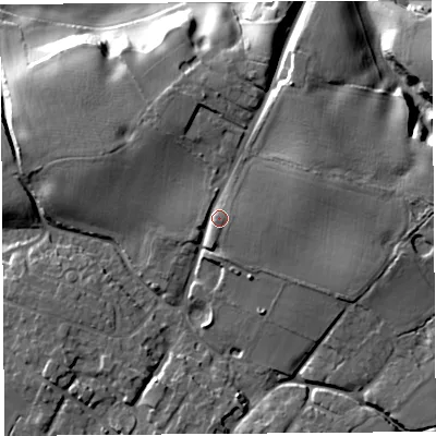 Shaded relief map of the ground around CH38AB, computed from Environment Agency LiDAR. The ground here sits at about 43 m above sea level and falls 24 m across the surrounding 800 m. Surface water reaching this point runs off ground lying to the east-north-east, 7.4 m higher.