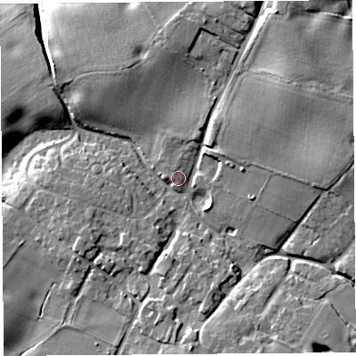 Shaded relief map of the ground around CH38AY, computed from Environment Agency LiDAR. The ground here sits at about 38 m above sea level and falls 18 m across the surrounding 800 m. Surface water reaching this point runs off ground lying to the north-east, 11.1 m higher.