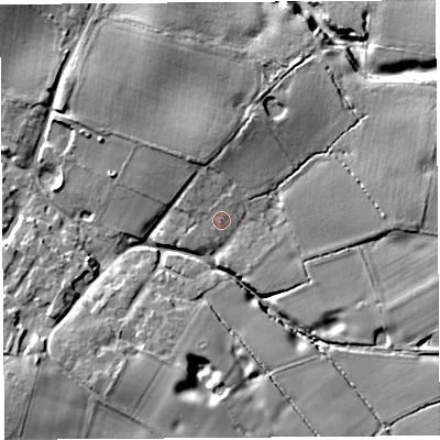 Shaded relief map of the ground around CH38BT, computed from Environment Agency LiDAR. The ground here sits at about 42 m above sea level and falls 14 m across the surrounding 800 m. Surface water reaching this point runs off ground lying to the north-north-east, 1.5 m higher.