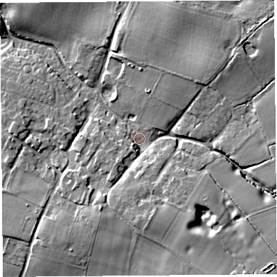 Shaded relief map of the ground around CH38BX, computed from Environment Agency LiDAR. The ground here sits at about 38 m above sea level and falls 13 m across the surrounding 800 m. Surface water reaching this point runs off ground lying to the north-east, 10.5 m higher.