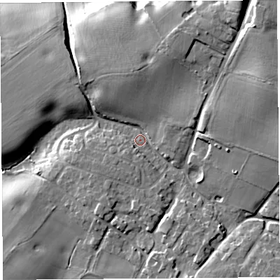 Shaded relief map of the ground around CH38BY, computed from Environment Agency LiDAR. The ground here sits at about 36 m above sea level and falls 21 m across the surrounding 800 m. Surface water reaching this point runs off ground lying to the east-north-east, 12.9 m higher.