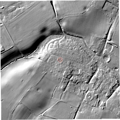 Shaded relief map of the ground around CH38DA, computed from Environment Agency LiDAR. The ground here sits at about 40 m above sea level and falls 16 m across the surrounding 800 m. Surface water reaching this point runs off ground lying to the east-south-east, 0.7 m higher.