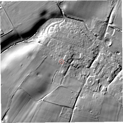 Shaded relief map of the ground around CH38DE, computed from Environment Agency LiDAR. The ground here sits at about 40 m above sea level and falls 17 m across the surrounding 800 m. Surface water reaching this point runs off ground lying to the north-east, 1.8 m higher.