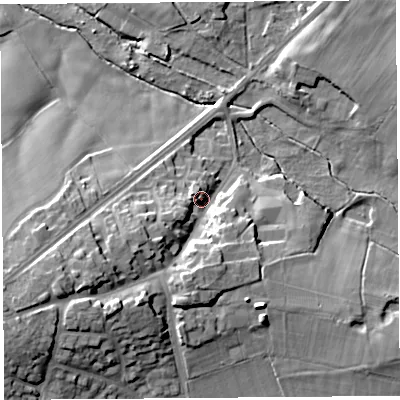 Shaded relief map of the ground around CH38JA, computed from Environment Agency LiDAR. The ground here sits at about 28 m above sea level and falls 20 m across the surrounding 800 m. Surface water reaching this point runs off ground lying to the west-south-west, 14.3 m higher.