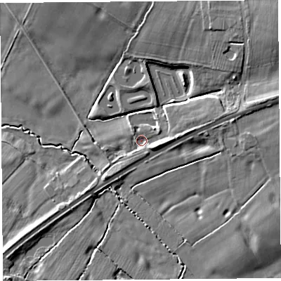 Shaded relief map of the ground around CH38NR, computed from Environment Agency LiDAR. The ground here sits at about 25 m above sea level and falls 13 m across the surrounding 800 m. Surface water reaching this point runs off ground lying to the east-north-east, 5.0 m higher.