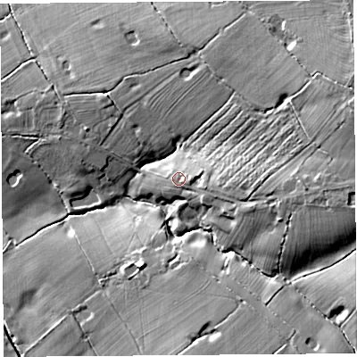Shaded relief map of the ground around CH39BG, computed from Environment Agency LiDAR. The ground here sits at about 30 m above sea level and falls 19 m across the surrounding 800 m. Surface water reaching this point runs off ground lying to the east, 2.4 m higher.