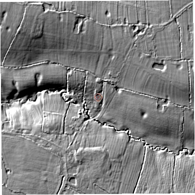 Shaded relief map of the ground around CH39BX, computed from Environment Agency LiDAR. The ground here sits at about 35 m above sea level and falls 12 m across the surrounding 800 m. Surface water reaching this point runs off ground lying to the north-north-east, 7.9 m higher.