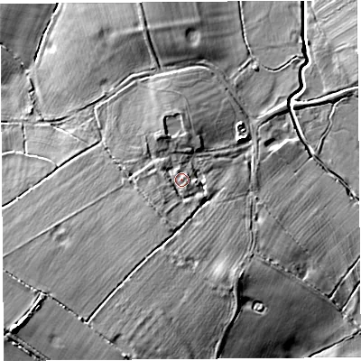 Shaded relief map of the ground around CH39BZ, computed from Environment Agency LiDAR. The ground here sits at about 27 m above sea level and falls 20 m across the surrounding 800 m. Surface water reaching this point runs off ground lying to the south-west, 3.2 m higher.