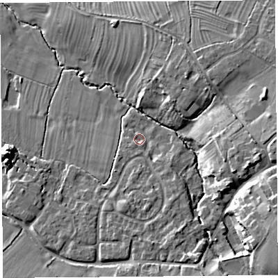 Shaded relief map of the ground around CH39HF, computed from Environment Agency LiDAR. The ground here sits at about 27 m above sea level and falls 16 m across the surrounding 800 m. Surface water reaching this point runs off ground lying to the south, 5.7 m higher.